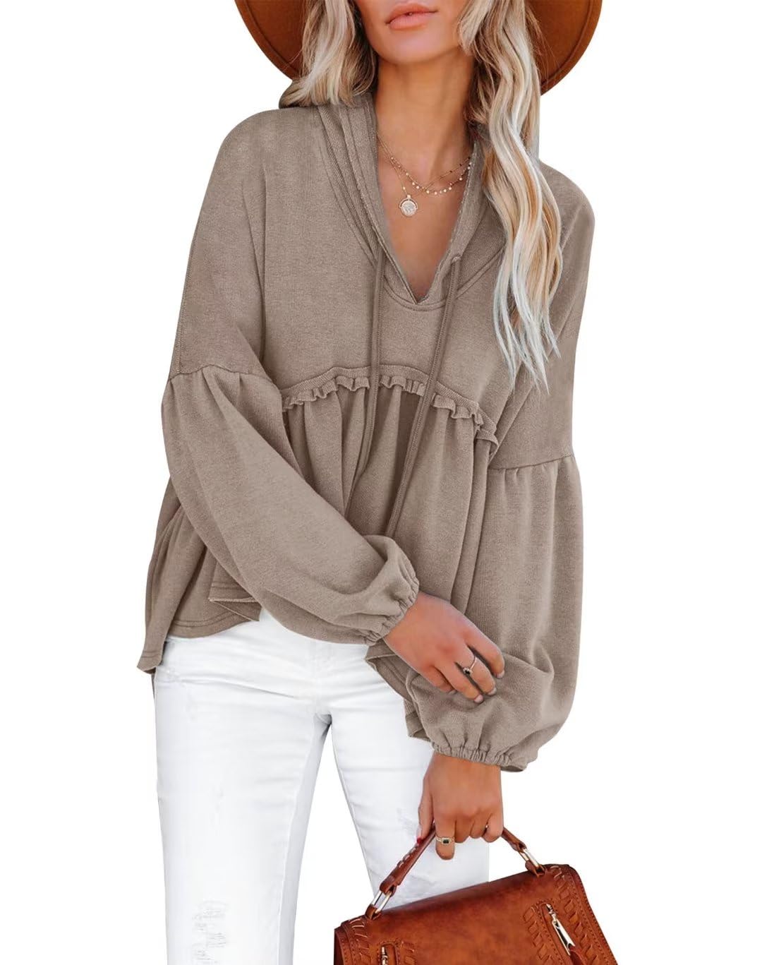 Limerose Womens Tunic Top Casual Long Sleeves Peplum Babydoll Ruffle Knit Hoodies Pullover