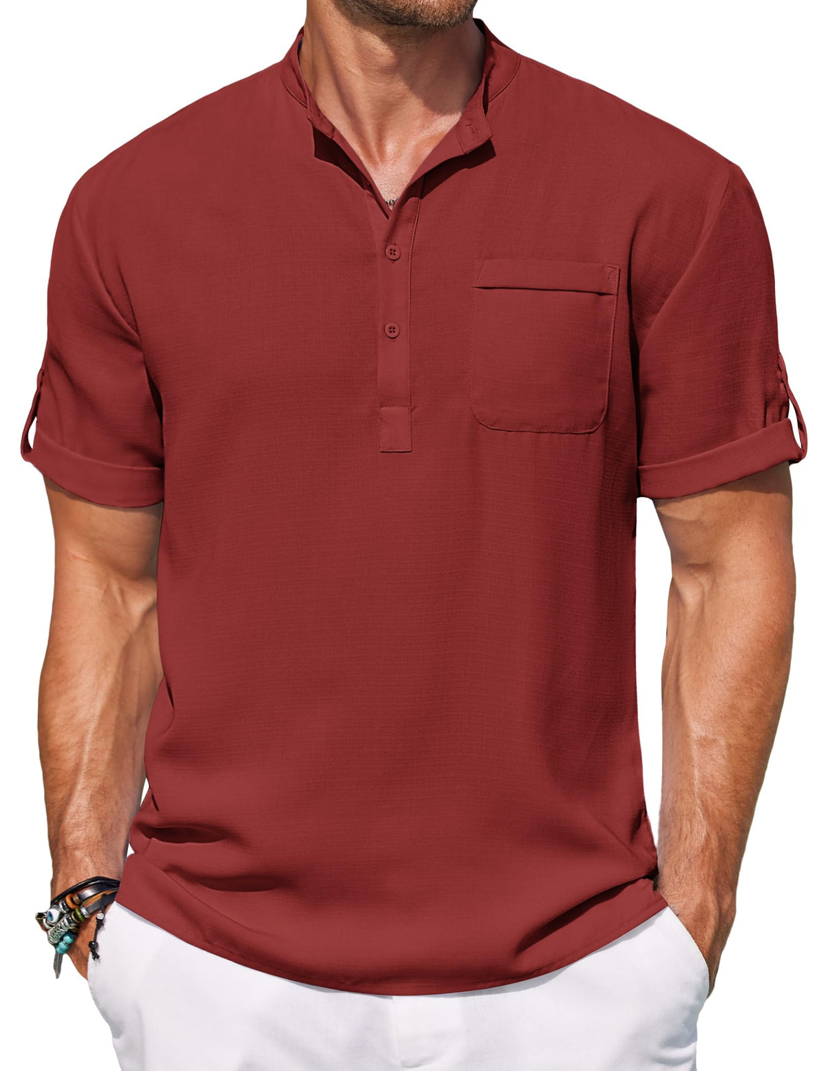 COOFANDY Mens Casual Shirts Band Collar Heley Shirt Short Sleeeve Fashion Linen T Shirt Lightweight Beach Wear Clothing Red