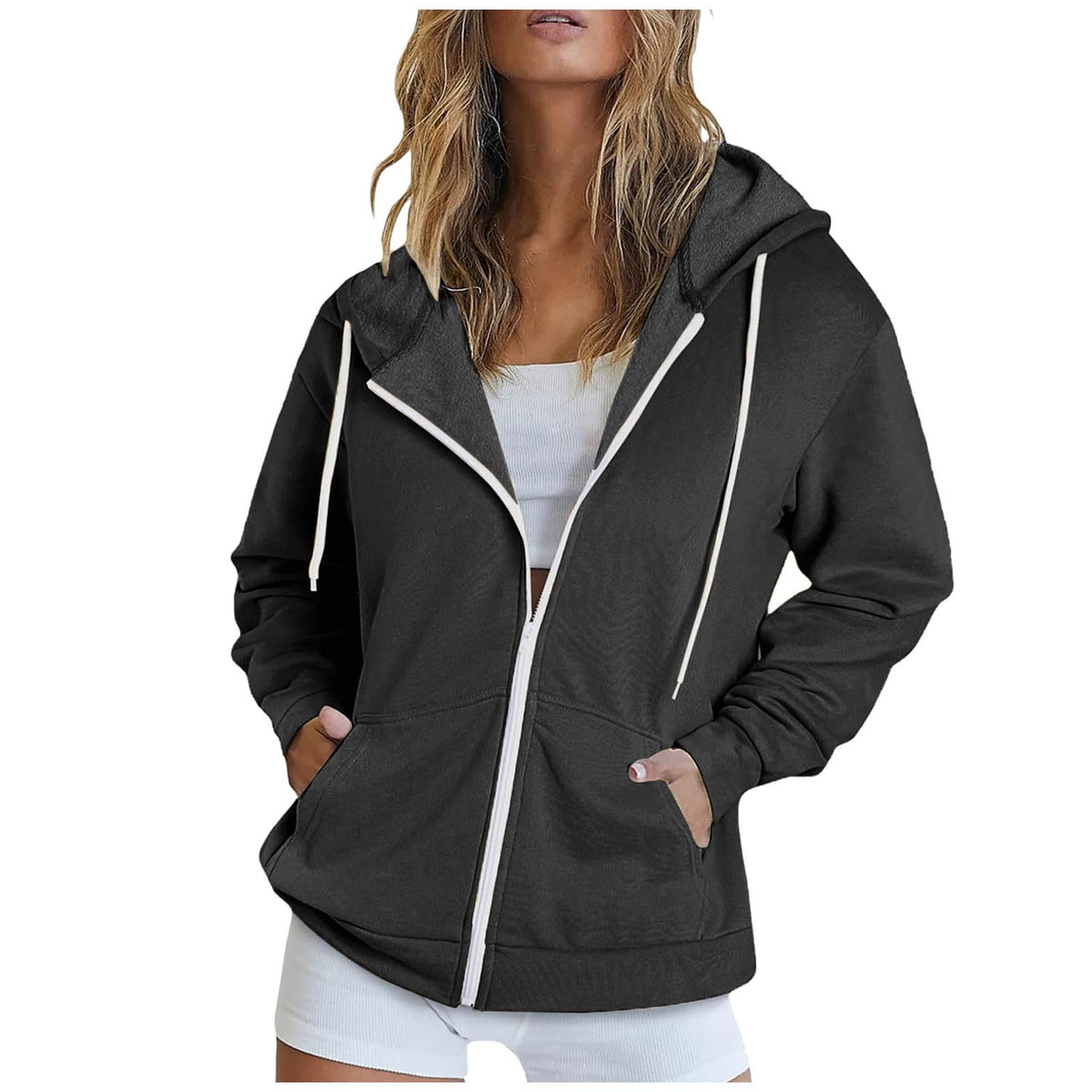 LRMQS online shopping Womens Fall Fashion 2024 Hoodies Zip up Long Sleeve Sweatshirt Jackets with Pocket Loose Casual Trendy Clothes Outfits womens sweatshirts and hoodies Dark Gray M
