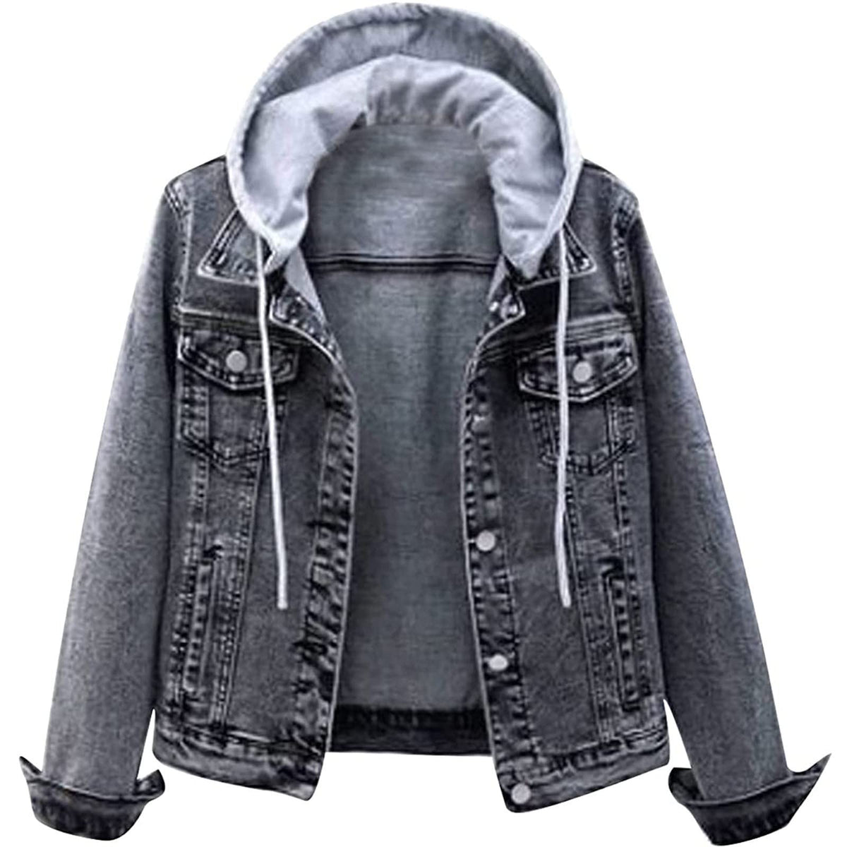 Womens Casual Denim Jackets with Detachable Hood Button Dowm Fleece Comfort Trendy Jean Hoodies Fall Winter Tops Womens JacketsGreyXXXXL