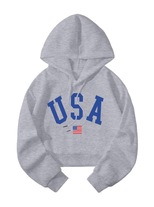Hilinker Womens Graphic Long Sleeve Cropped Hoodies Drawstring Hooded Sweatshirt Grey USA Medium