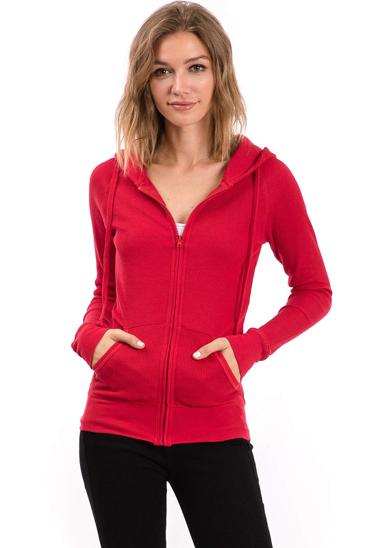 Urban Look Womens Casual Lightweight Thermal Zip Up Hoodies (Small Red)